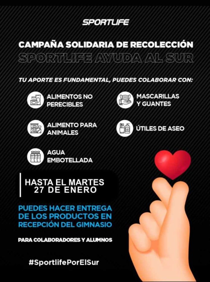 Sportlife lanza campaña solidaria “Sportlife por el sur” en apoyo a los damnificados del sur de chile Sportlife lanza campaña solidaria “Sportlife por el sur” en apoyo a los damnificados del sur de chile